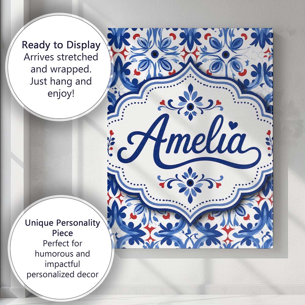 Personalised Name Classic Blue Floral Custom Modern Room Accent Creative Decorator Style Canvas Wall Art Print Decor Picture Ready to Hang