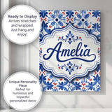 Personalised Name Classic Blue Floral Custom Modern Room Accent Creative Decorator Style Canvas Wall Art Print Decor Picture Ready to Hang