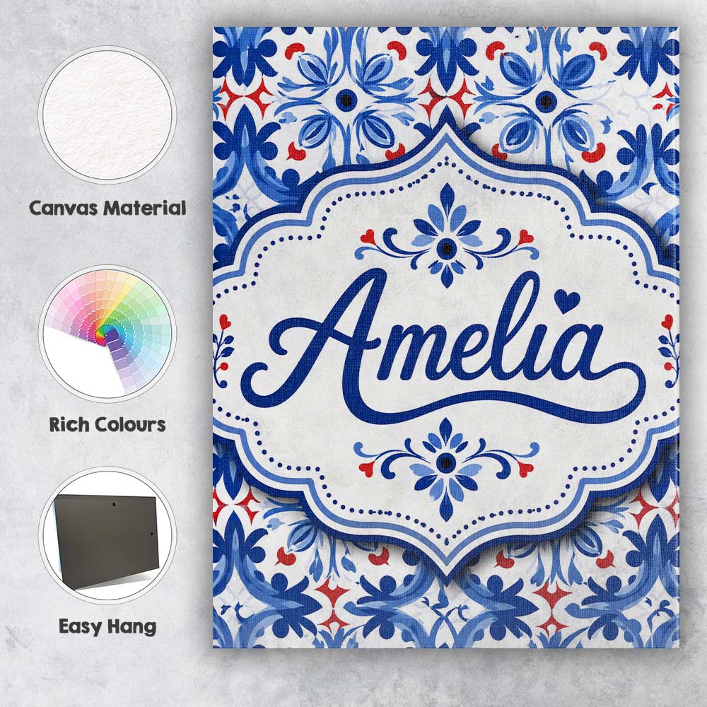 Personalised Name Classic Blue Floral Custom Modern Room Accent Creative Decorator Style Canvas Wall Art Print Decor Picture Ready to Hang