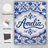 Personalised Name Classic Blue Floral Custom Modern Room Accent Creative Decorator Style Canvas Wall Art Print Decor Picture Ready to Hang