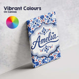 Personalised Name Classic Blue Floral Custom Modern Room Accent Creative Decorator Style Canvas Wall Art Print Decor Picture Ready to Hang