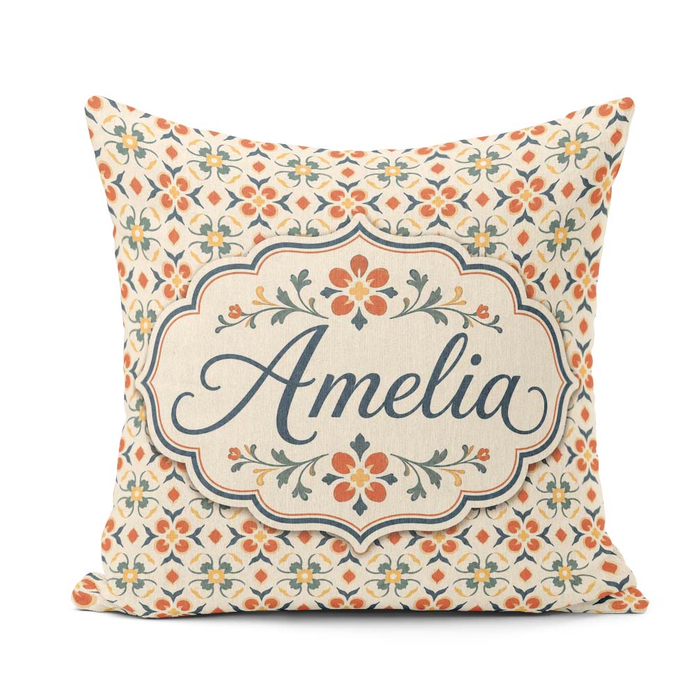 Custom Name Warm Beige Floral Tile Pattern with Orange and Green Square Filled Cushion Throw Pillow Sofa Bed Home Decor Zip Washable UK Made