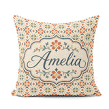Custom Name Warm Beige Floral Tile Pattern with Orange and Green Square Filled Cushion Throw Pillow Sofa Bed Home Decor Zip Washable UK Made