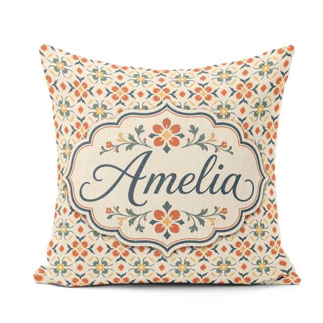 Custom Name Warm Beige Floral Tile Pattern with Orange and Green Square Filled Cushion Throw Pillow Sofa Bed Home Decor Zip Washable UK Made