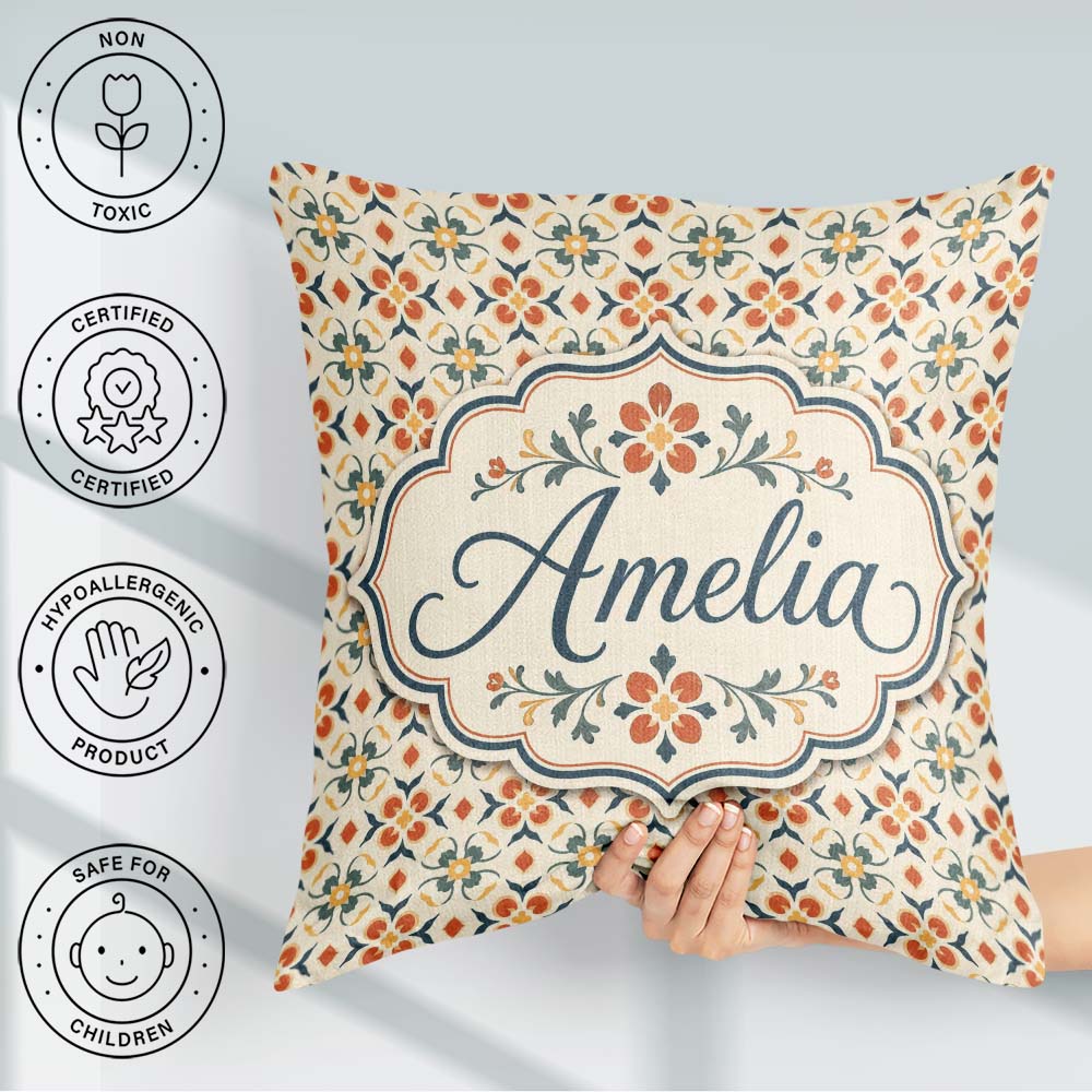 Custom Name Warm Beige Floral Tile Pattern with Orange and Green Square Filled Cushion Throw Pillow Sofa Bed Home Decor Zip Washable UK Made