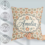 Custom Name Warm Beige Floral Tile Pattern with Orange and Green Square Filled Cushion Throw Pillow Sofa Bed Home Decor Zip Washable UK Made