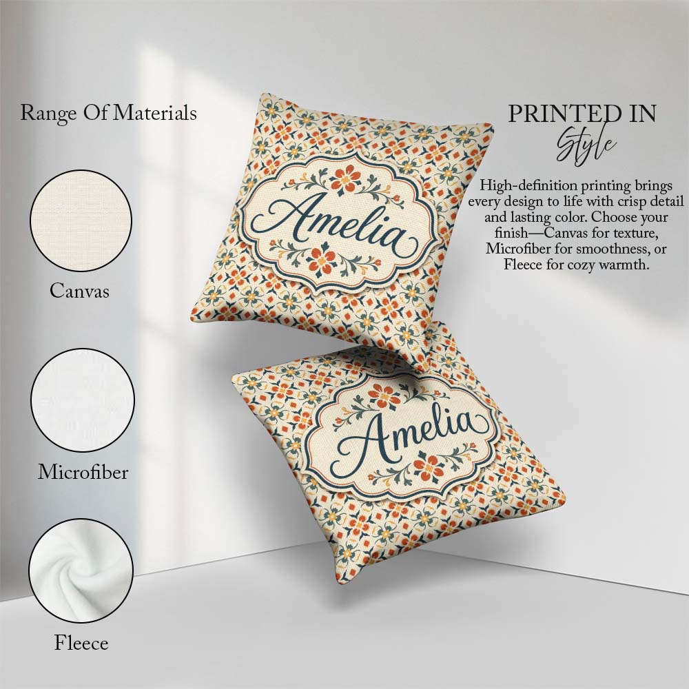 Custom Name Warm Beige Floral Tile Pattern with Orange and Green Square Filled Cushion Throw Pillow Sofa Bed Home Decor Zip Washable UK Made