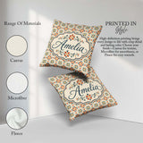 Custom Name Warm Beige Floral Tile Pattern with Orange and Green Square Filled Cushion Throw Pillow Sofa Bed Home Decor Zip Washable UK Made