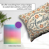 Custom Name Warm Beige Floral Tile Pattern with Orange and Green Square Filled Cushion Throw Pillow Sofa Bed Home Decor Zip Washable UK Made