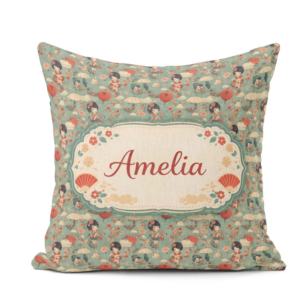 Custom Name Japanese Doll Umbrella Floral Pattern Style Design Square Filled Cushion Throw Pillow Sofa Bed Home Decor Zip Washable UK Made