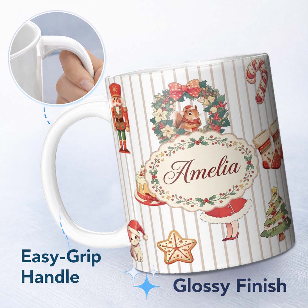 Personalized Custom Name Christmas Nutcracker Squirrel Candy Cane Girl Tree Neutral Stripe 11oz Ceramic Coffee Tea Mug White Large Handle