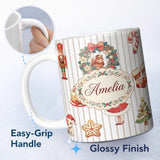 Personalized Custom Name Christmas Nutcracker Squirrel Candy Cane Girl Tree Neutral Stripe 11oz Ceramic Coffee Tea Mug White Large Handle