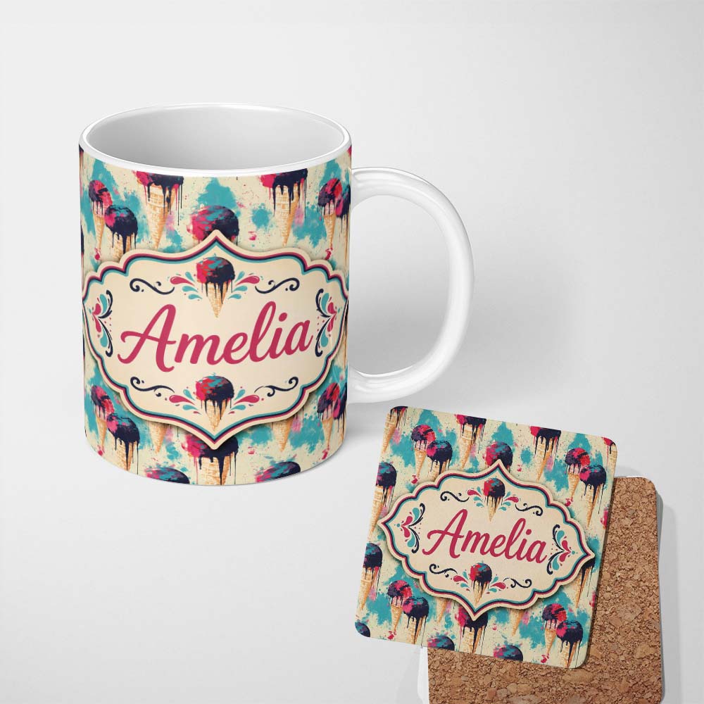 Personalized Custom Name Retro Multi Flavour Ice Cream Cones Tossed Pattern on Soft Green 11oz Ceramic Coffee Tea Mug White Large Handle