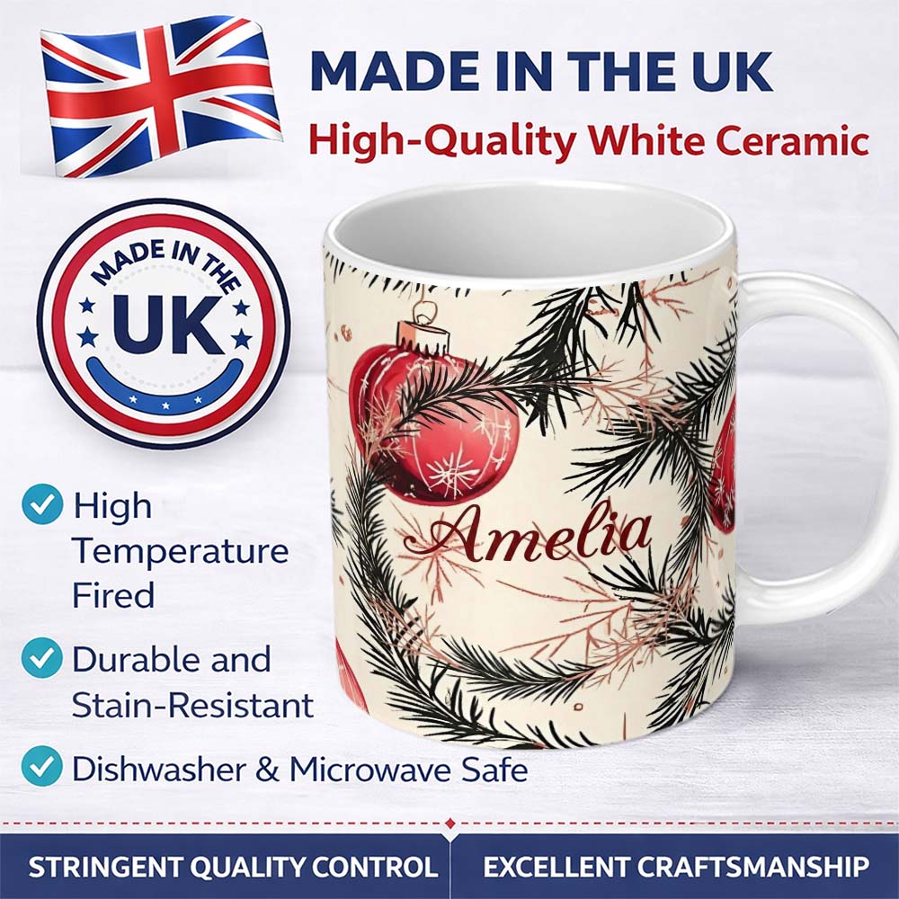 Personalized Custom Name Red Christmas Baubles Pine Branch Winter Seamless Pattern Lovely 11oz Ceramic Coffee Tea Mug White Large Handle