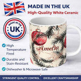 Personalized Custom Name Red Christmas Baubles Pine Branch Winter Seamless Pattern Lovely 11oz Ceramic Coffee Tea Mug White Large Handle