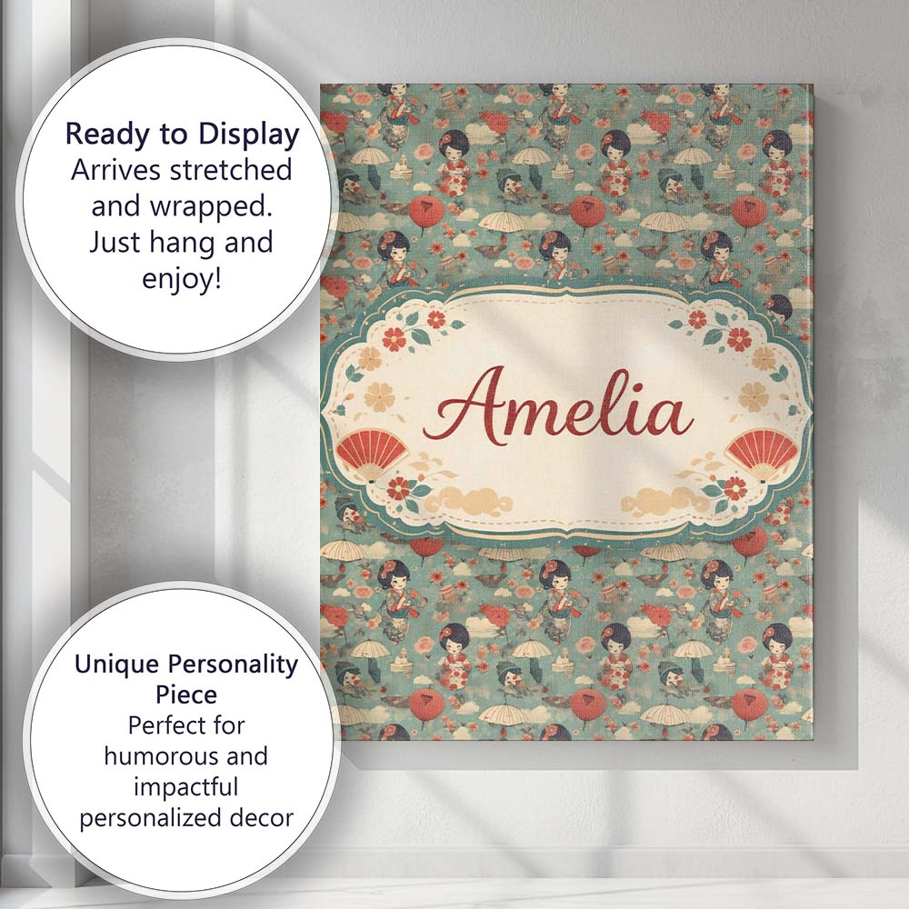 Personalised Name Japanese Doll Umbrella Floral Pattern Traditional Custom Canvas Wall Art Print Decor Picture Ready to Hang