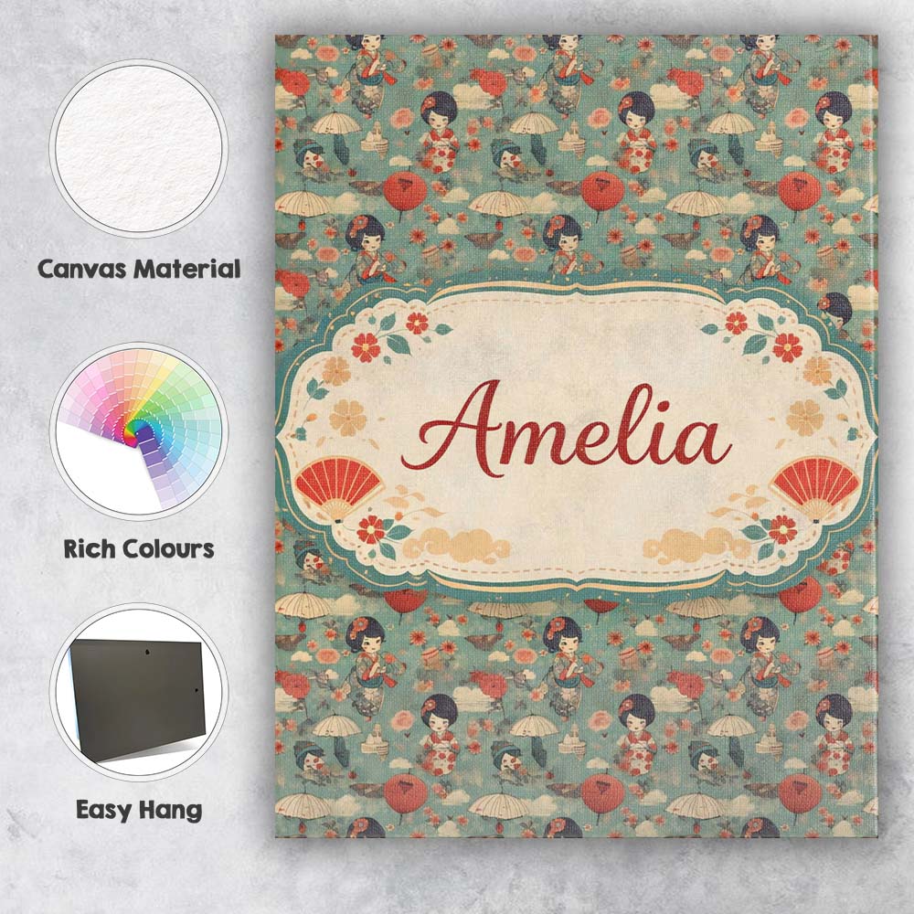 Personalised Name Japanese Doll Umbrella Floral Pattern Traditional Custom Canvas Wall Art Print Decor Picture Ready to Hang