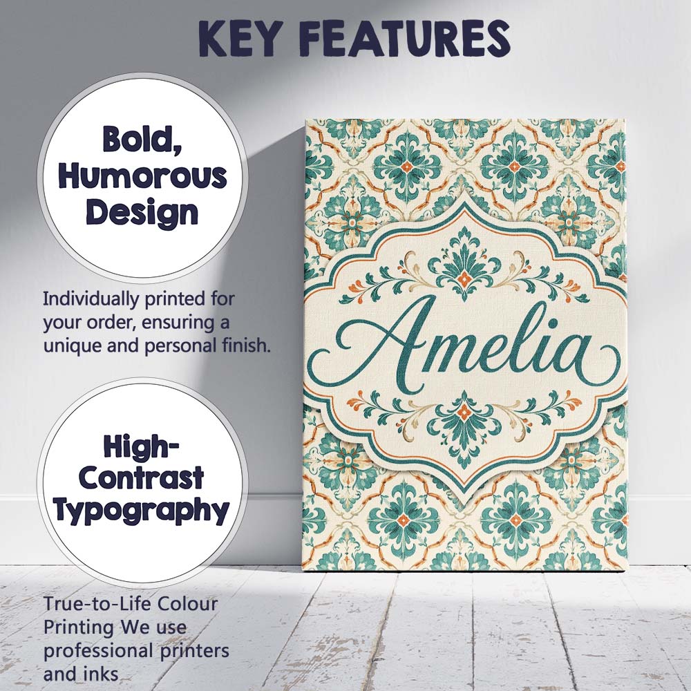 Personalised Name Teal and Cream Ornamental Custom  Bespoke Interior Contemporary Canvas Wall Art Print Decor Picture Ready to Hang