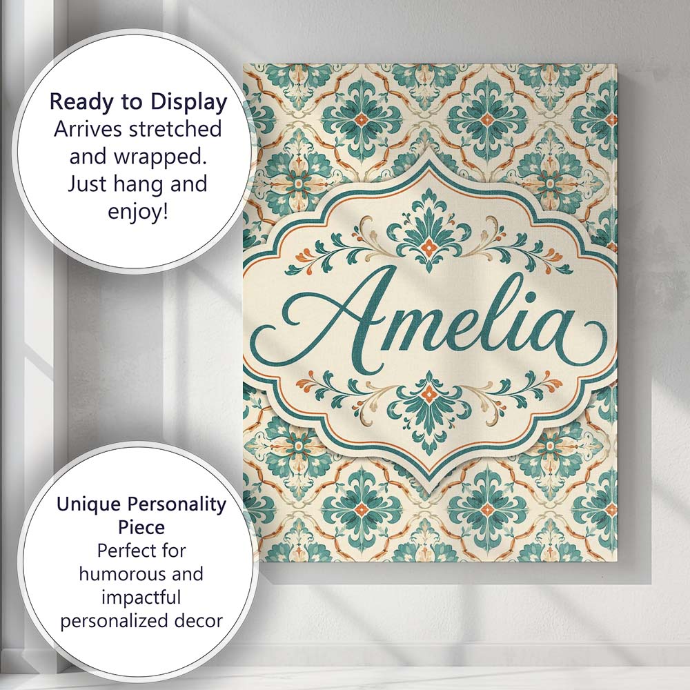 Personalised Name Teal and Cream Ornamental Custom  Bespoke Interior Contemporary Canvas Wall Art Print Decor Picture Ready to Hang