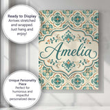 Personalised Name Teal and Cream Ornamental Custom  Bespoke Interior Contemporary Canvas Wall Art Print Decor Picture Ready to Hang