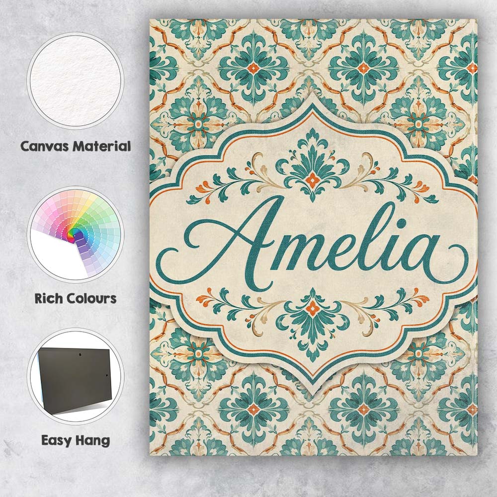 Personalised Name Teal and Cream Ornamental Custom  Bespoke Interior Contemporary Canvas Wall Art Print Decor Picture Ready to Hang