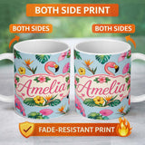 Personalized Custom Name Tropical Flamingo with Hibiscus Flowers and Leaves Blue Background 11oz Ceramic Coffee Tea Mug White Large Handle