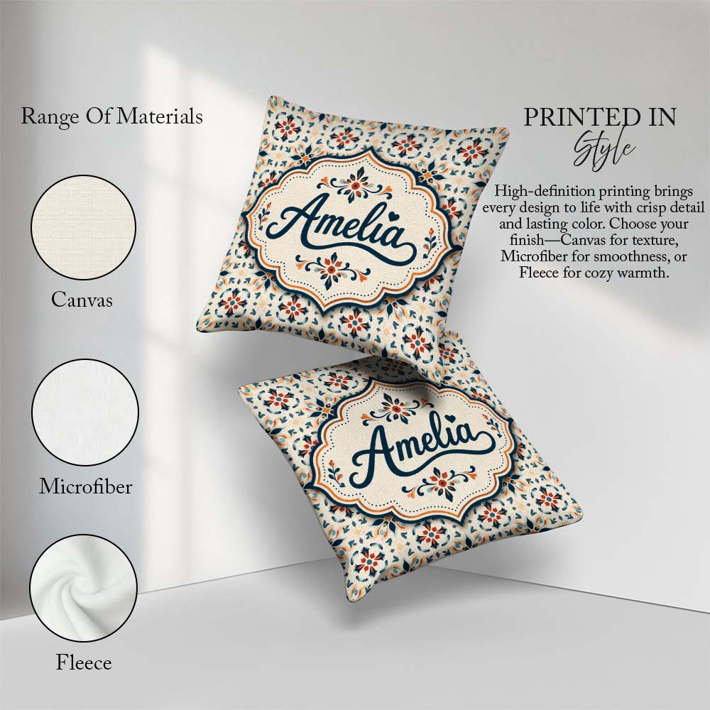 Custom Name Elegant Neutral Tile with Navy and Terracotta Floral Square Filled Cushion Throw Pillow Sofa Bed Home Decor Zip Washable UK Made