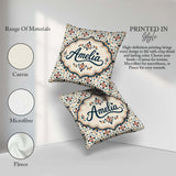 Custom Name Elegant Neutral Tile with Navy and Terracotta Floral Square Filled Cushion Throw Pillow Sofa Bed Home Decor Zip Washable UK Made