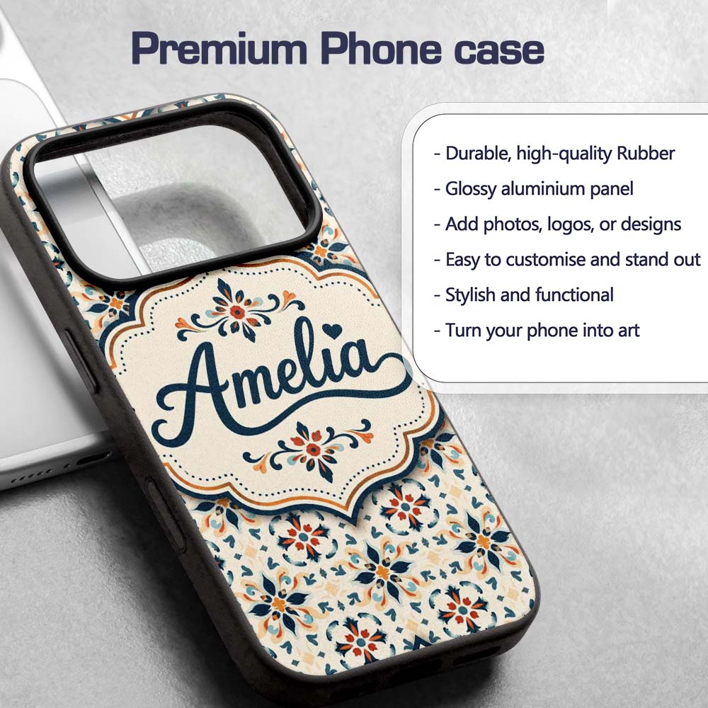 Elegant Neutral Tile Pattern with Navy Blue and Custom Name Protective Phone Case Mobile Cover Durable Everyday Smartphone Shock Resistant