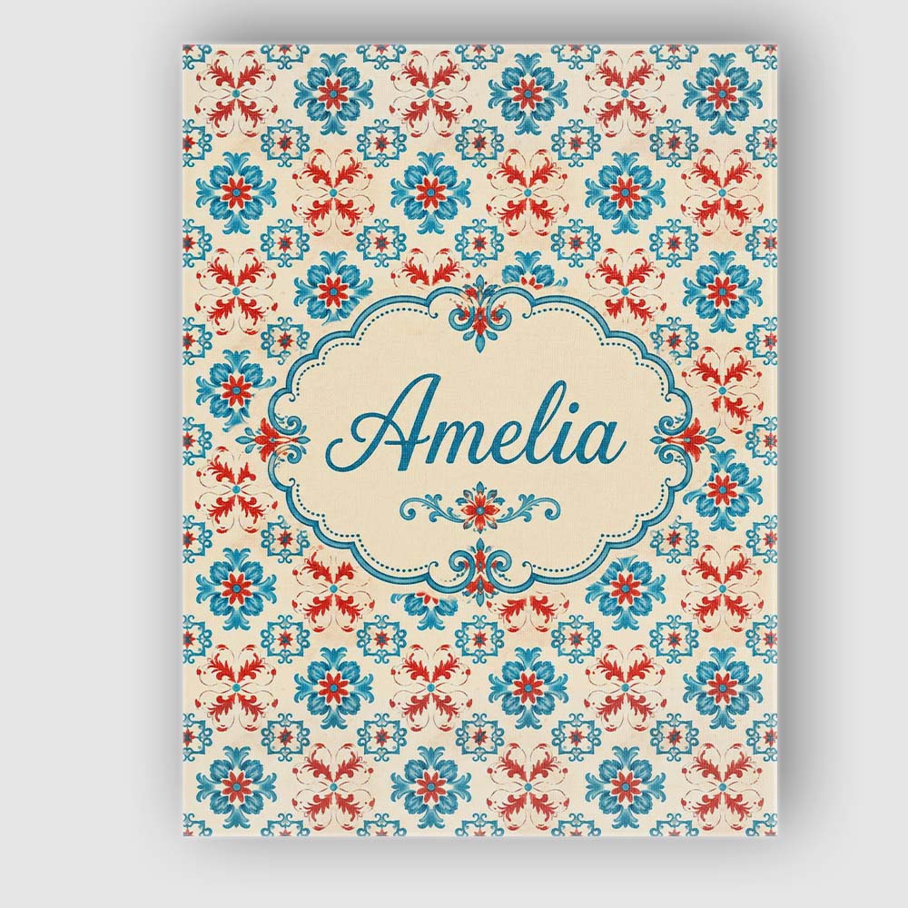 Personalised Name Teal and Red Folk Floral Custom  Unique Gift Idea Elegant Feature Canvas Wall Art Print Decor Picture Ready to Hang
