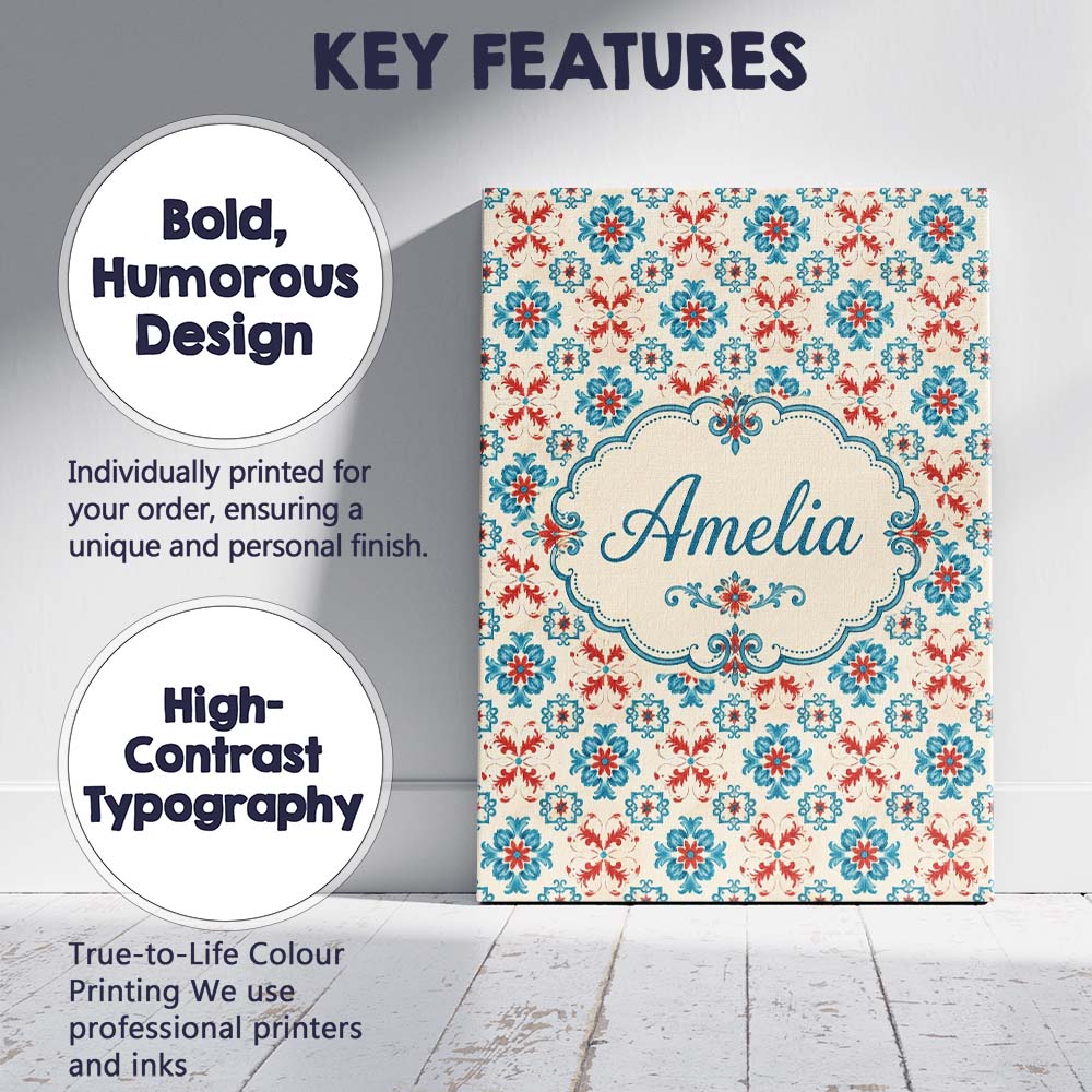 Personalised Name Teal and Red Folk Floral Custom  Unique Gift Idea Elegant Feature Canvas Wall Art Print Decor Picture Ready to Hang