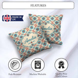 Custom Name Teal and Red Folk Floral Tile Pattern with Motifs on Square Filled Cushion Throw Pillow Sofa Bed Home Decor Zip Washable UK Made