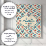 Personalised Name Teal and Red Folk Floral Custom  Unique Gift Idea Elegant Feature Canvas Wall Art Print Decor Picture Ready to Hang