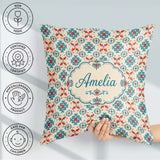 Custom Name Teal and Red Folk Floral Tile Pattern with Motifs on Square Filled Cushion Throw Pillow Sofa Bed Home Decor Zip Washable UK Made