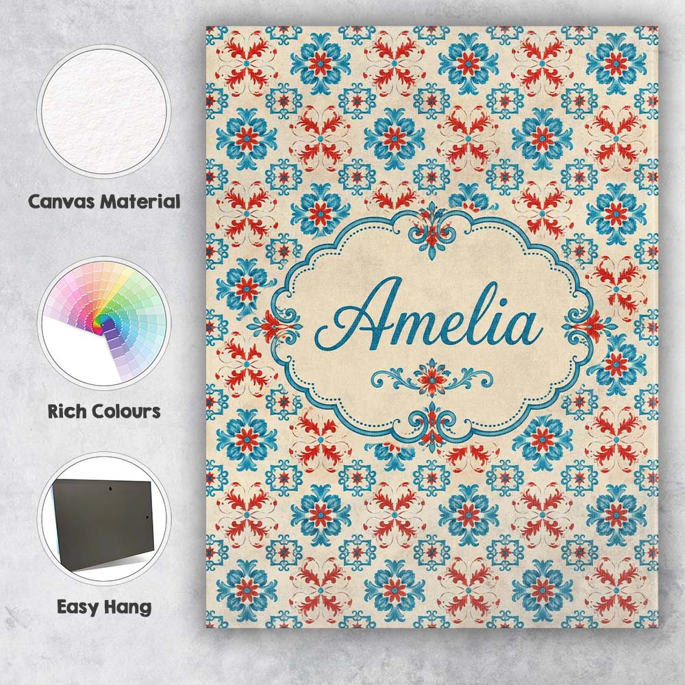 Personalised Name Teal and Red Folk Floral Custom  Unique Gift Idea Elegant Feature Canvas Wall Art Print Decor Picture Ready to Hang