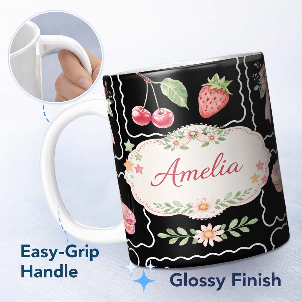 Personalized Custom Name Strawberry Cherry Bow Seamless Pattern White Cute Coquette Kawaii 11oz Ceramic Coffee Tea Mug White Large Handle