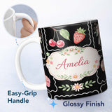 Personalized Custom Name Strawberry Cherry Bow Seamless Pattern White Cute Coquette Kawaii 11oz Ceramic Coffee Tea Mug White Large Handle