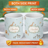 Personalized Custom Name Cute Safari Animals Giraffe Lion Zebra on Blue Background Seamless 11oz Ceramic Coffee Tea Mug White Large Handle