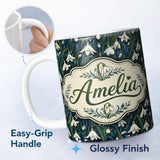 Personalized Custom Name Elegant White Bell Flowers on Deep Botanical Background Seamless 11oz Ceramic Coffee Tea Mug White Large Handle