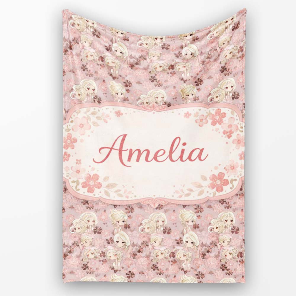 Blonde Chibi Girl Floral Pink Pattern Cute Character Design Lovely  Personalised Custom Name Super Soft Fleece Blanket Bed Sofa Throw