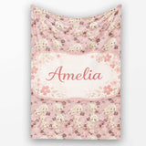 Blonde Chibi Girl Floral Pink Pattern Cute Character Design Lovely  Personalised Custom Name Super Soft Fleece Blanket Bed Sofa Throw
