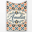 Bold Floral Tile in Navy, Orange and Cream with Symmetrical Design  Personalised Custom Name Super Soft Fleece Blanket Bed Sofa Throw