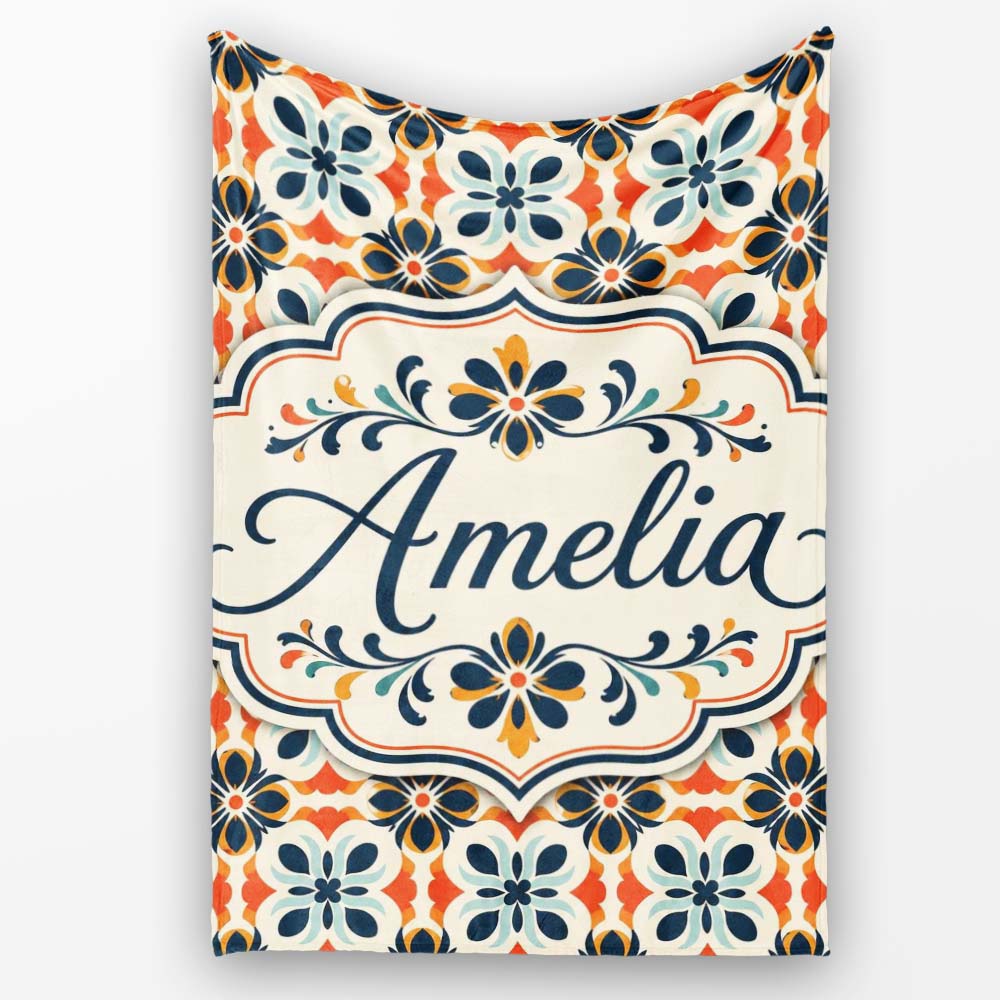 Bold Floral Tile in Navy, Orange and Cream with Symmetrical Design  Personalised Custom Name Super Soft Fleece Blanket Bed Sofa Throw