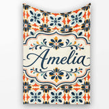 Bold Floral Tile in Navy, Orange and Cream with Symmetrical Design  Personalised Custom Name Super Soft Fleece Blanket Bed Sofa Throw