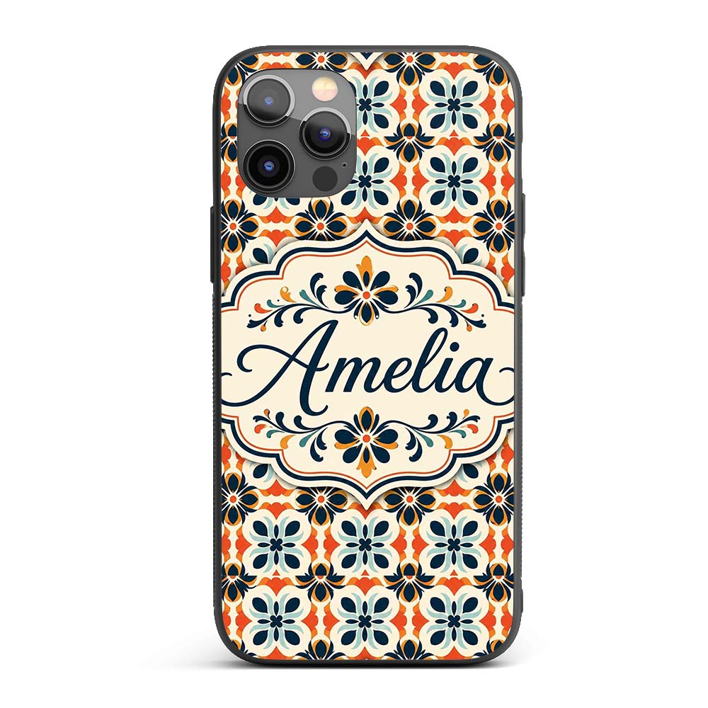 Bold Floral Tile in Navy, Orange and Cream with Custom Name Protective Phone Case Mobile Cover Durable Everyday Smartphone Shock Resistant