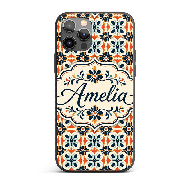 Bold Floral Tile in Navy, Orange and Cream with Custom Name Protective Phone Case Mobile Cover Durable Everyday Smartphone Shock Resistant