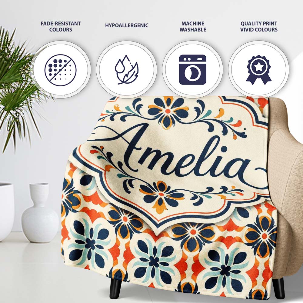 Bold Floral Tile in Navy, Orange and Cream with Symmetrical Design  Personalised Custom Name Super Soft Fleece Blanket Bed Sofa Throw