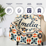 Bold Floral Tile in Navy, Orange and Cream with Symmetrical Design  Personalised Custom Name Super Soft Fleece Blanket Bed Sofa Throw