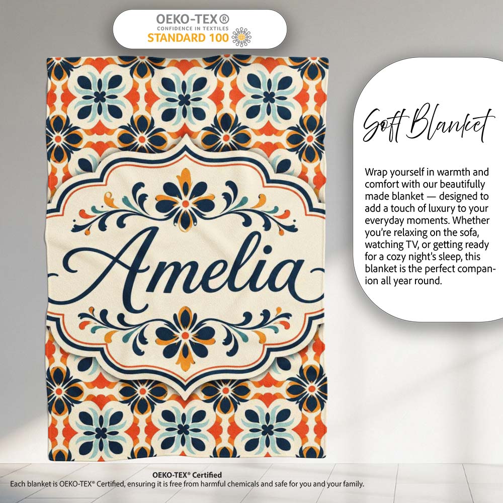 Bold Floral Tile in Navy, Orange and Cream with Symmetrical Design  Personalised Custom Name Super Soft Fleece Blanket Bed Sofa Throw