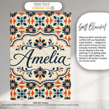Bold Floral Tile in Navy, Orange and Cream with Symmetrical Design  Personalised Custom Name Super Soft Fleece Blanket Bed Sofa Throw